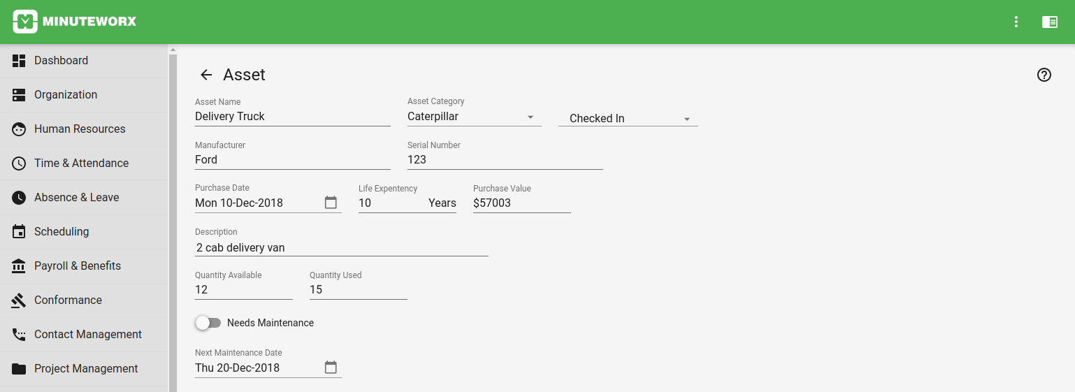 Inventory Management feature in MinuteWorx (screenshot)