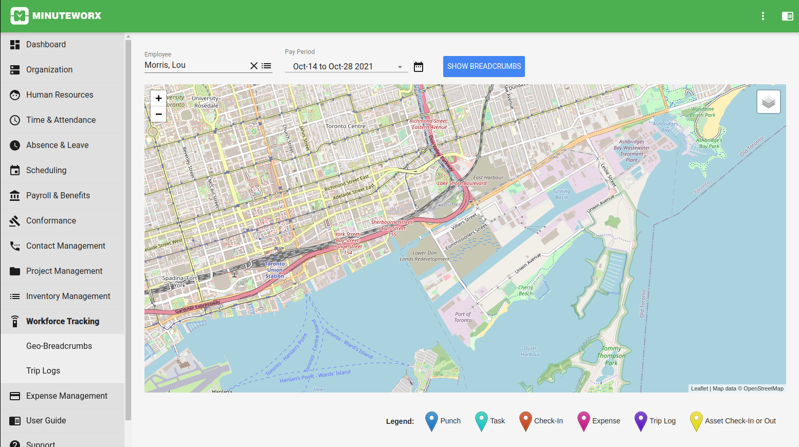 Workforce Tracking with GEO Location feature in MinuteWorx (screenshot)