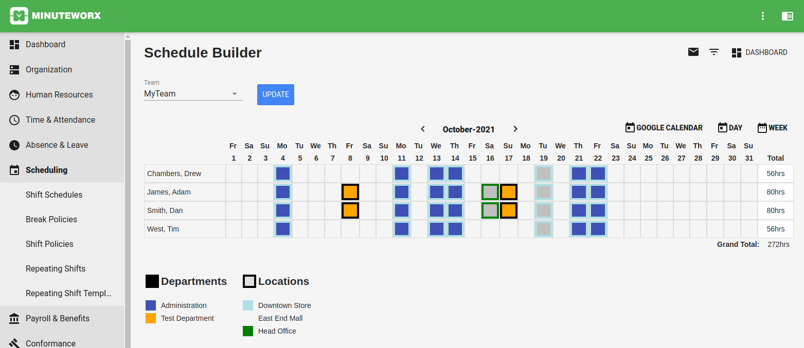 Work Shift Scheduling Calendar feature in MinuteWorx (screenshot)