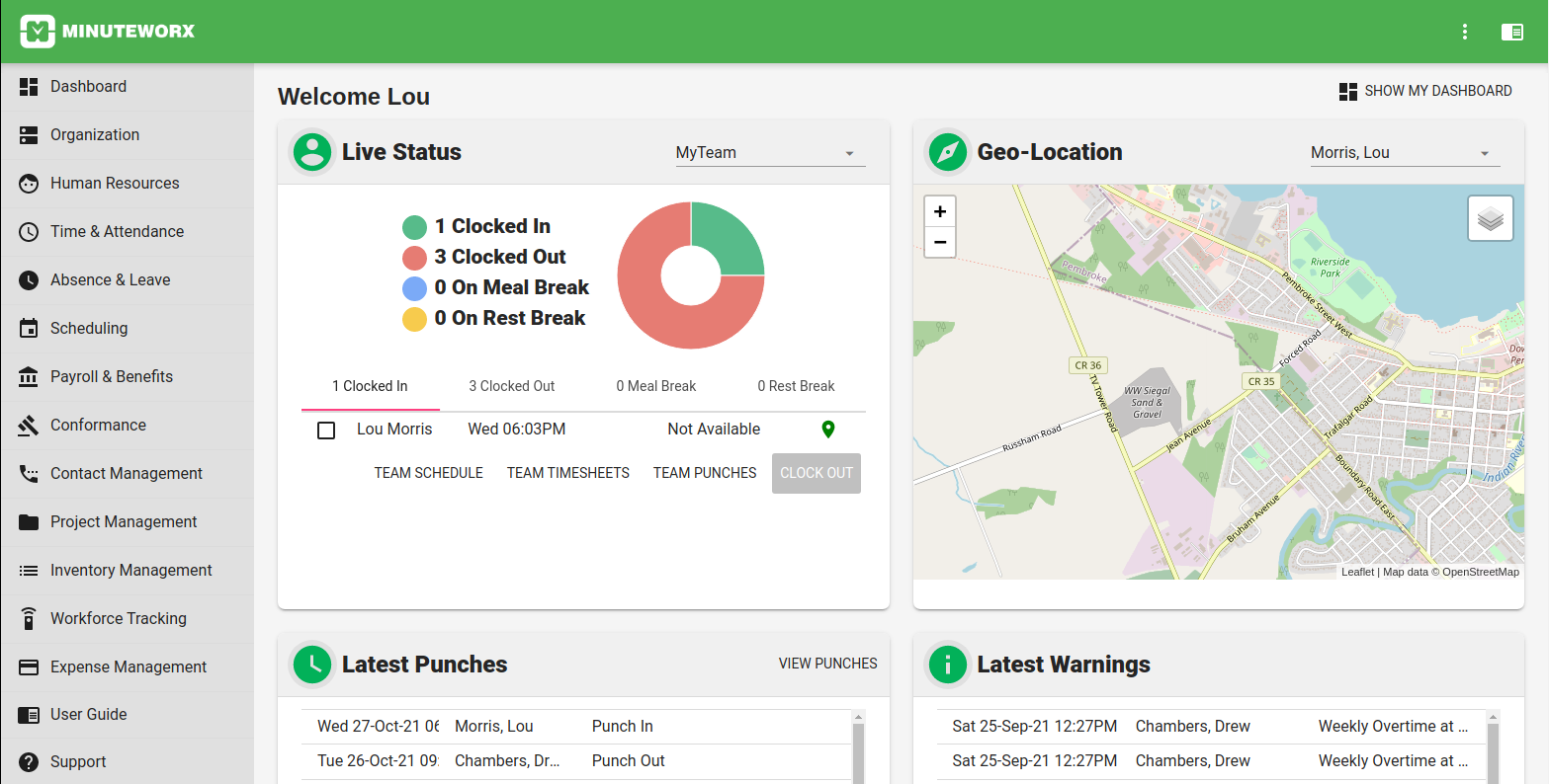 Time clock tracker feature in MinuteWorx (screenshot)